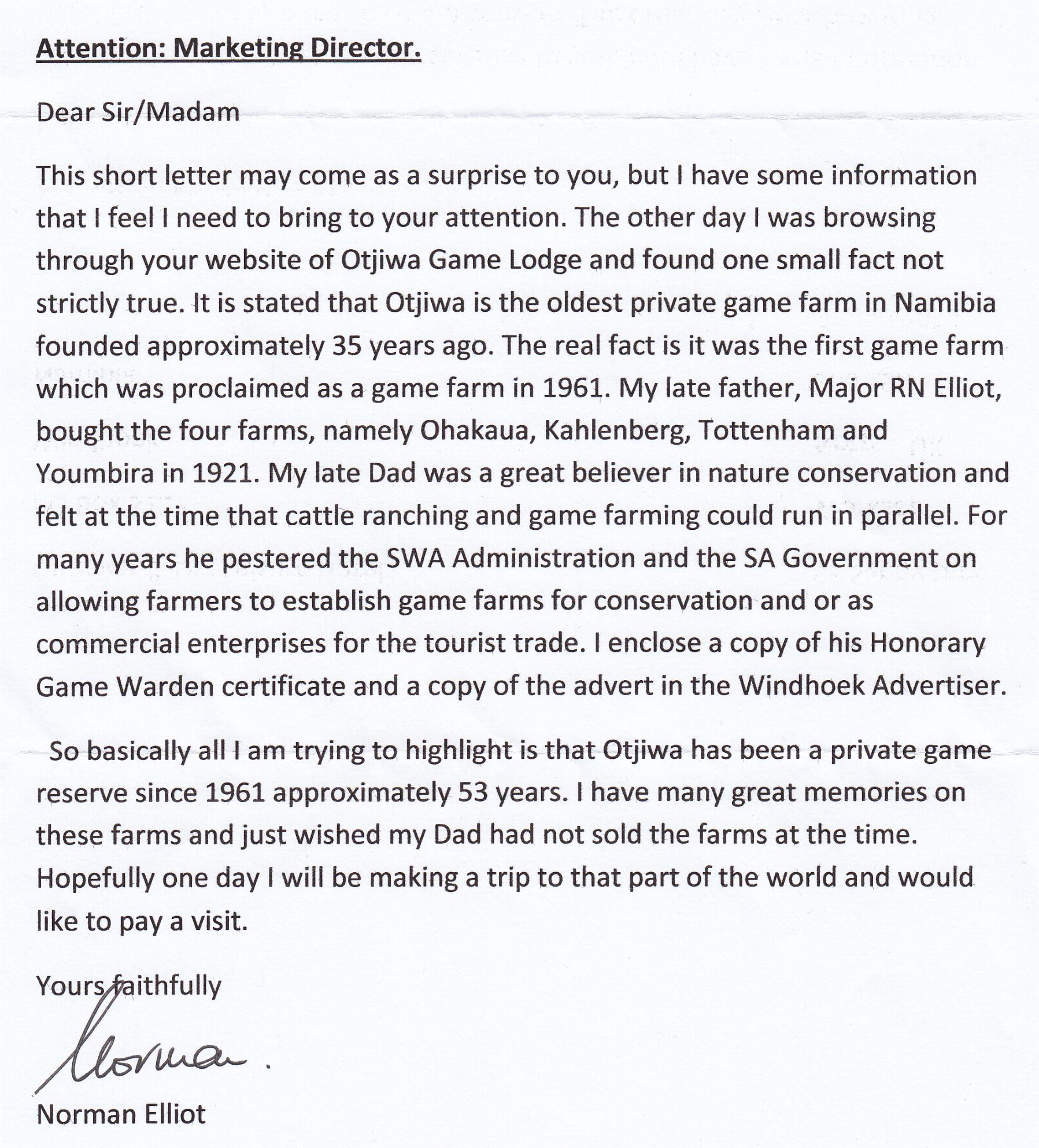History of Otjiwa Lodge: letter