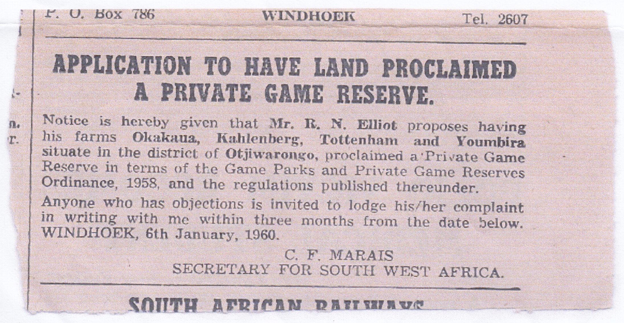 History of Otjiwa Lodge: advert