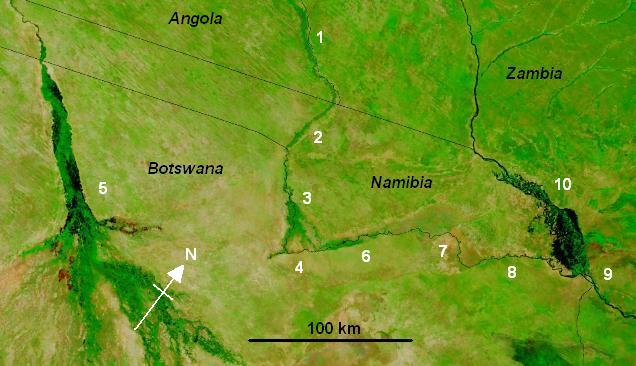 Map of the Cuando-Linyanti-Chobe river system in the region of Namibias Caprivi Strip based on a NASA satellite photo (note orientation with north-west at top). Water shows black. 1 The Cuando River; 2 Caprivi Strip; 3 Mudumu National Park and Lianshulu Lodge, the end of the Linyanti Swamp; 4 Linyanti Swamp and Mamli National Park, where a ridge of Kalahari sand blocks flow to the south-east; 5 Okavango River and delta which sinks into the Kalahari sands; 6 Linyanti River; 7 Lake Liambezi (dry when photo was taken); 8 Chobe River; 9 Confluence of Chobe and Zambezi at Kazungula; 10 Zambezi and Caprivi Swamps were experiencing an extreme flood at the time of the photo. Credit: Jacques Descloitres, MODIS Rapid Response Team, NASA/GSFC